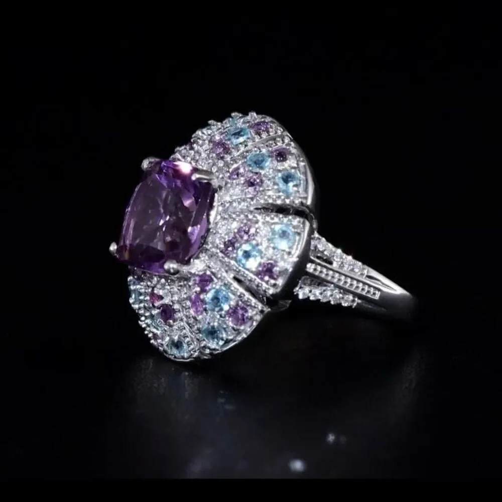 Amethyst Moissanite Multi Gemstone 5.85 ctw Floral Ring Sterling Silver Size 7